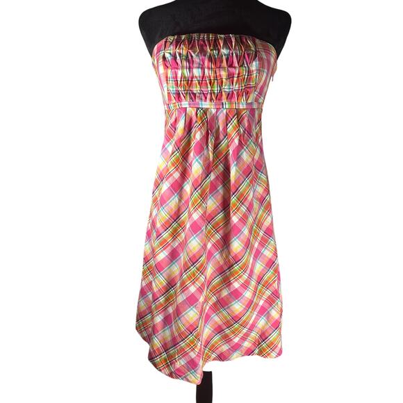 Lilly Pulitzer Vtg 4 Gweneth Madras Plaid Strapless Dress Smocked Coastal Preppy - Picture 1 of 11